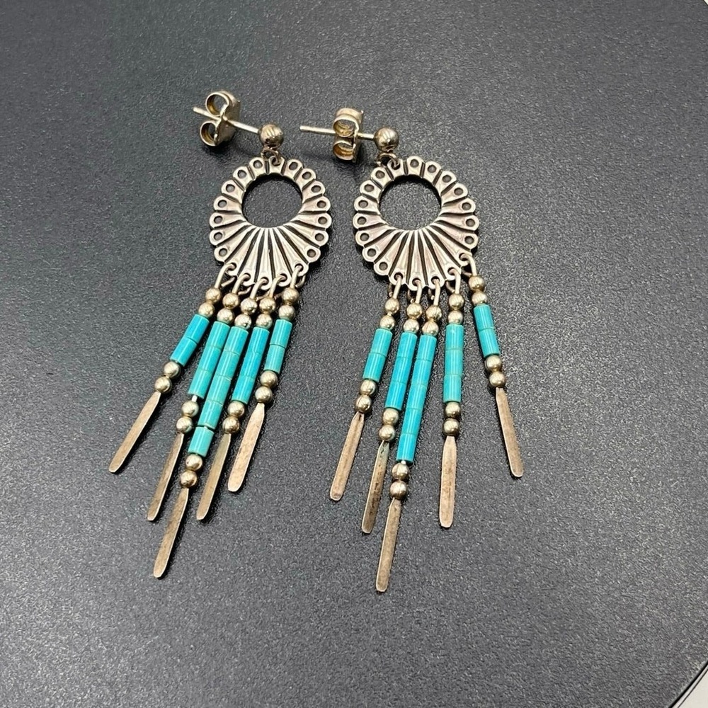 Q.T. Quoc Turquoise Southwest Sterling Silver Blue Beaded Concho Native earrings